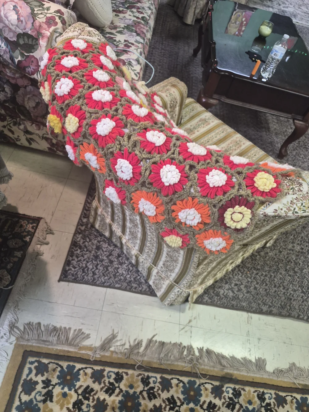 Handmade Crochet Floral Throw Blanket in Pink, Orange, Yellow and Cream